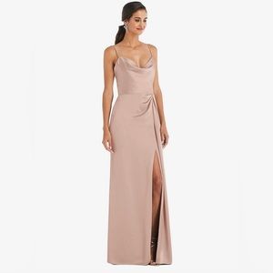Dessy | Cowl-Neck Draped Wrap Maxi Dress with Front Slit in Toasted Sugar Size 4